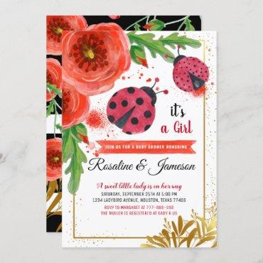 Golden Red Ladybug Watercolour Couples Baby Shower Invitation