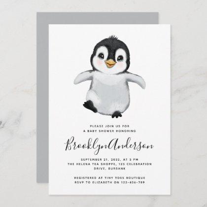 Gray Penguin Baby Shower Invitation