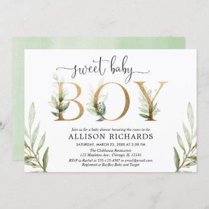 Green and gold greenery modern boy baby shower invitation
