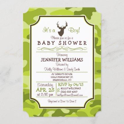 Green Camo, Deer; Boy Baby Shower Invitation