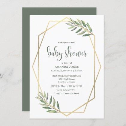 Green Foliage and Gold Bohemian Baby Shower Invitation