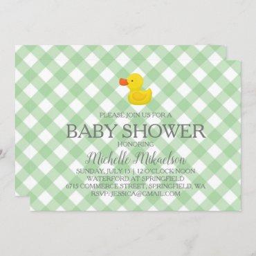 Green Gingham Rubber Duckie Baby Shower Invitation