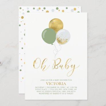 Green & Gold Balloons | Oh Baby Boy Baby Shower Invitation