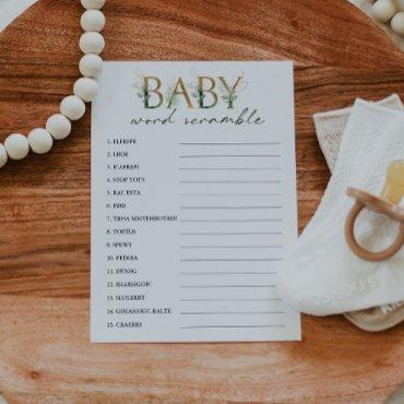 Green & Gold Word Scramble Baby Shower Game Card