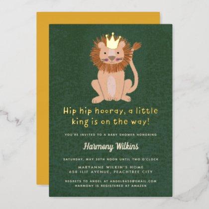 Green Little King Lion Boy Baby Shower Invitation Foil Invitation