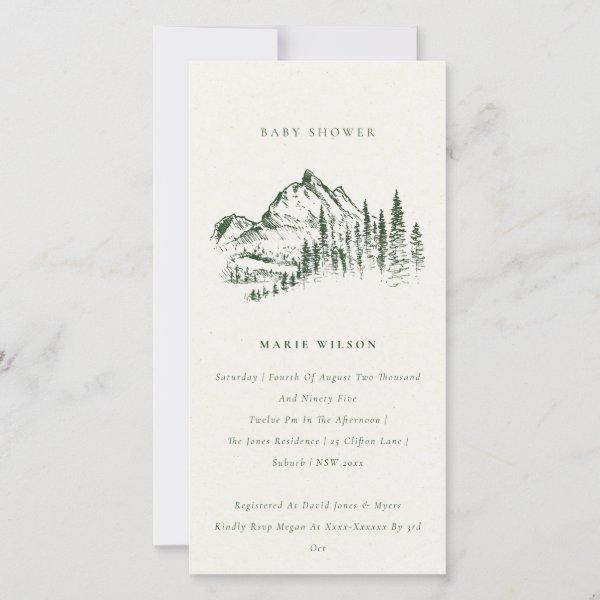Green Pine Mountain Sketch Baby Shower Invite