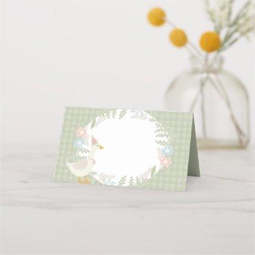 Green Silly Goose Floral Gingham Baby Shower Place Card
