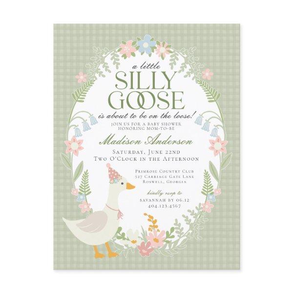 Green Silly Goose Floral Gingham Baby Shower Postcard