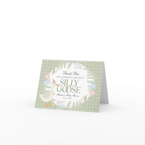 Green Silly Goose Floral Gingham Baby Shower Thank You Card