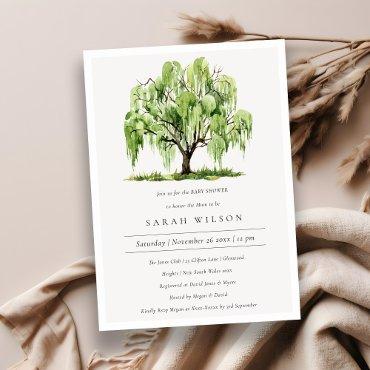Green Watercolor Willow Tree Baby Shower Invite