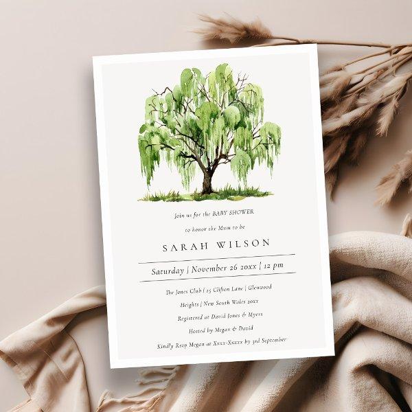 Green Watercolor Willow Tree Baby Shower Invite