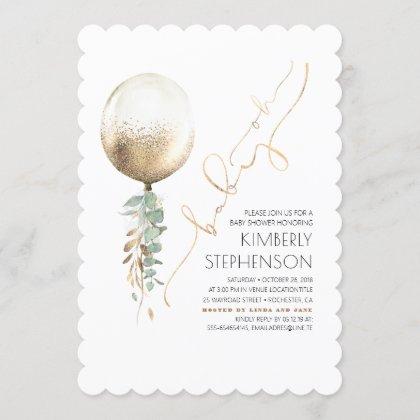 Greenery and Gold Glitter Balloon Oh Baby Shower Invitation