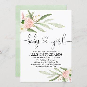 Greenery and pink gold floral girl baby shower invitation