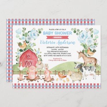 Greenery Floral Barnyard Farm Animals Baby Shower Invitation