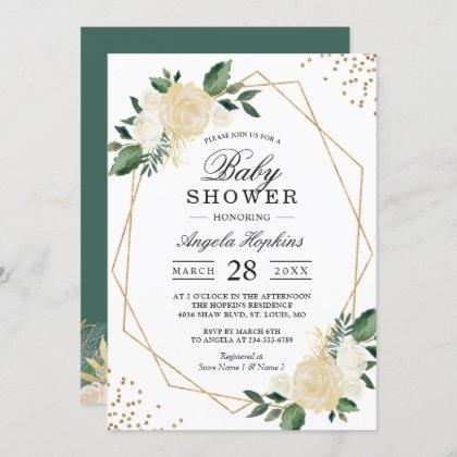Greenery Floral Gold Glitters Baby Shower Brunch Invitation