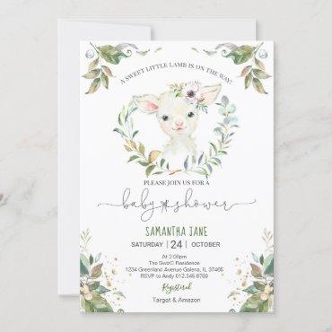 Greenery Floral Lamb Baby Shower Invitation