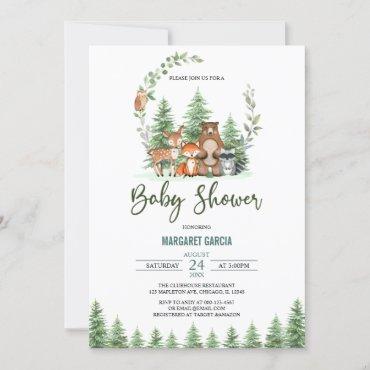 Greenery Forest Woodland Animals Baby Shower Invitation