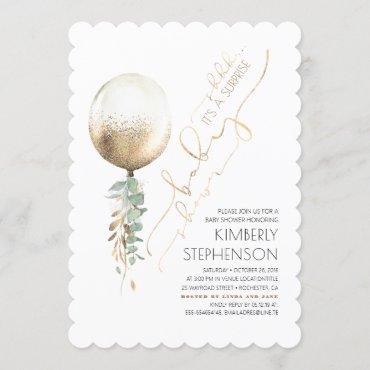 Greenery Gold Glitter Balloon Surprise Baby Shower Invitation