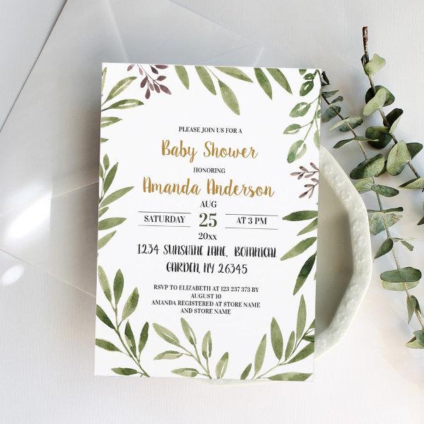 Greenery Leaves Watercolor Baby Shower
