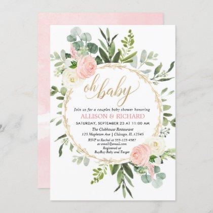 Greenery pink gold elegant couples baby shower invitation