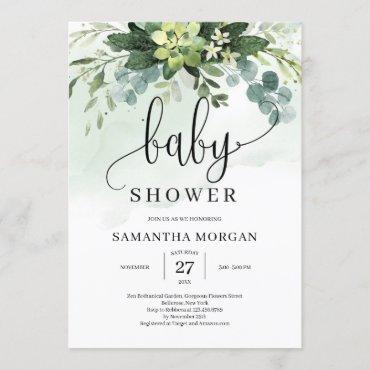 Greenery succulent floral boho rustic baby shower invitation