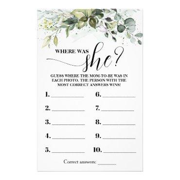 Greenery Where was Mom to be Baby Shower Game Card Flyer
