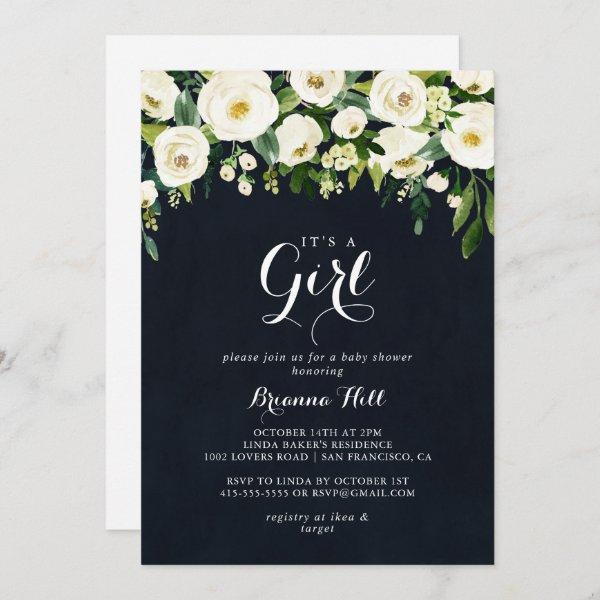 Greenery White Floral It's A Girl Baby Shower Invi