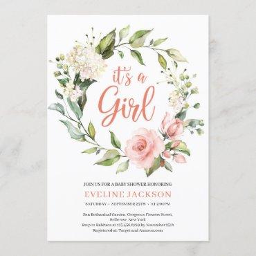Greeney and blush floral wreath it's a girl baby invitation