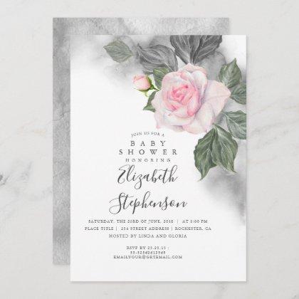 Grey and Pink Floral Watercolor Baby Shower Invitation