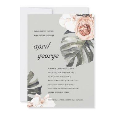 GREY BLUSH RUST FLORA MONSTRERA BABY SHOWER INVITE