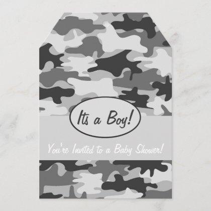 Grey Camo Camouflage Boy Baby Shower Invitation