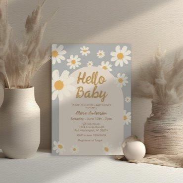 Grey Daisy Hello Baby Retro Boho Baby Shower