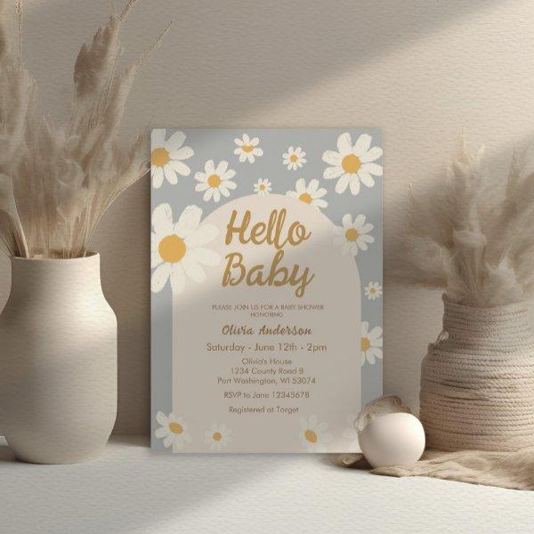 Grey Daisy Hello Baby Retro Boho Baby Shower