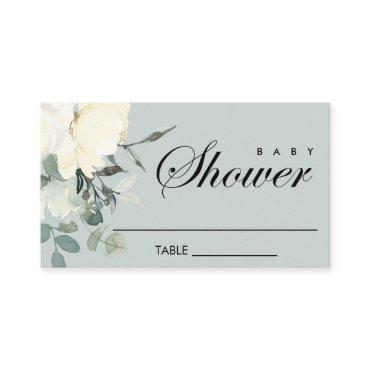 GREY IVORY WHITE FLORAL WATERCOLOR BABY SHOWER PLACE CARD