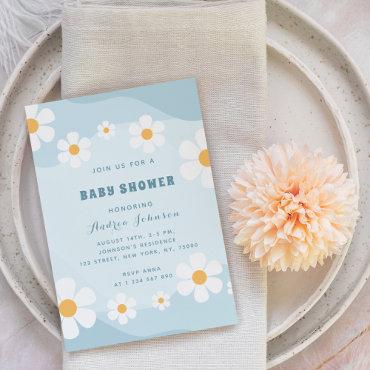 Groovy Dusty Blue Retro Daisy Floral Baby Shower