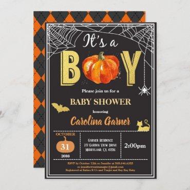 Halloween baby boy shower invitation. Black gold Invitation