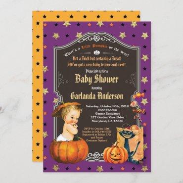 Halloween baby boy shower purple gold chalkboard invitation