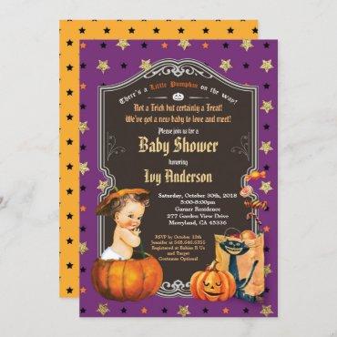 Halloween baby shower retro chalkboard black gold invitation