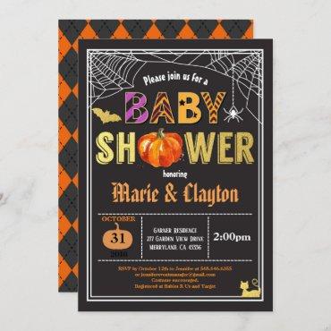 Halloween pumpkin baby shower black & gold invitation