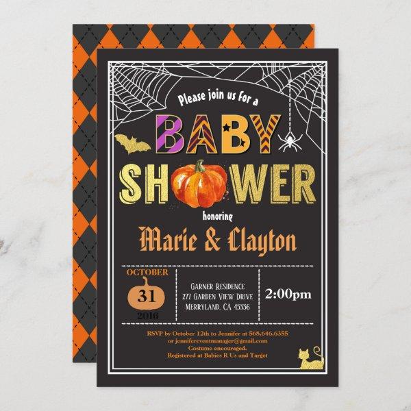 Halloween pumpkin baby shower black & gold