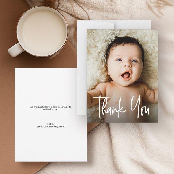 Handlettering Modern Baby Shower Custom Photo  Thank You Card
