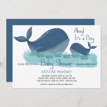 Happy Whale Ahoy it's a Boy Watercolor Baby Shower Invitation