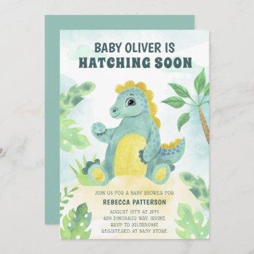 Hatching Soon Cute Boy Dinosaur Baby Shower Invitation
