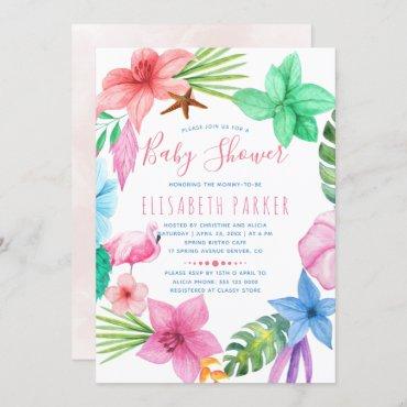 Hawaiian tropical pink floral wreath baby shower invitation