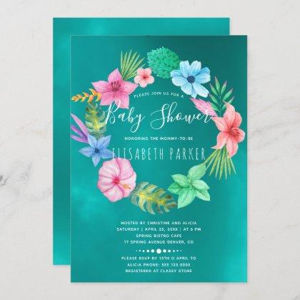 Hawaiian tropical teal floral wreath baby shower invitation