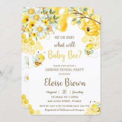 He or She Bee Yellow Floral Gender Reveal Party Invitation