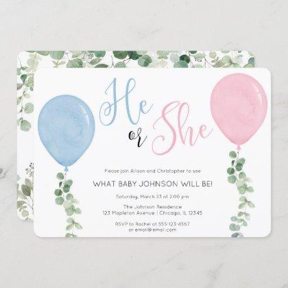 He or She Watercolor Balloon gender reveal party Invitation