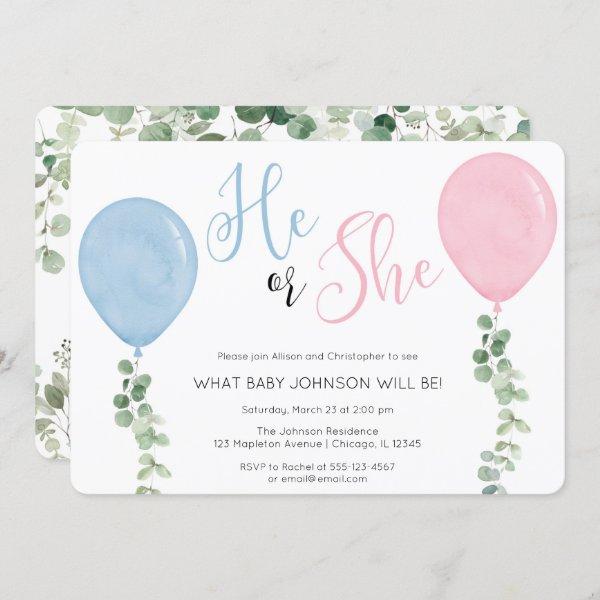 He or She Watercolor Balloon gender reveal party