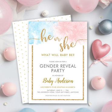 He or She Watercolor Gold Glitter Gender Reveal