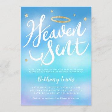 Heaven Sent Angel Gold Halo Blue Baby Shower Invitation